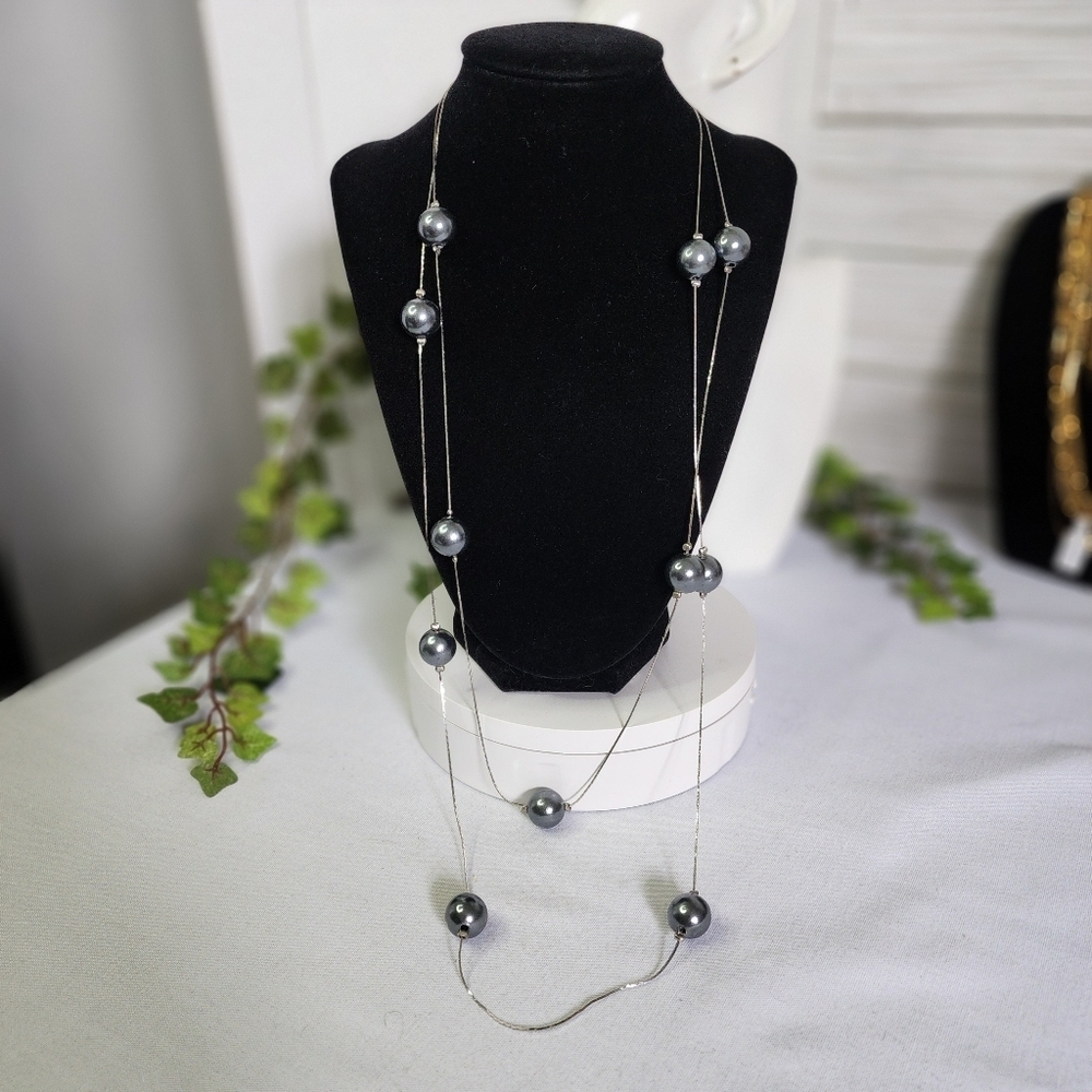 60" Silver with Grey Faux Pearls Long Necklace New